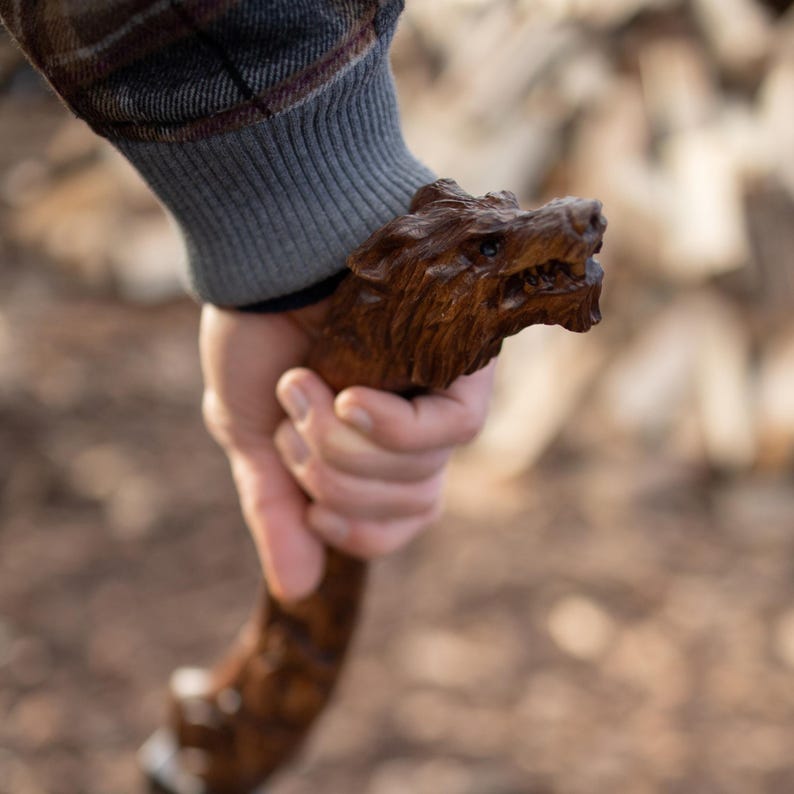 Pu&ograve; includere: Un bastone da passeggio in legno intagliato a mano con un'impugnatura a forma di testa di lupo. Il bastone &egrave; di colore marrone scuro e i dettagli del lupo sono finemente lavorati. L'impugnatura &egrave; tenuta in mano, con uno sfondo sfocato.