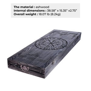 May include: A rectangular ashwood box with a dark grey finish, featuring a laser-engraved Vegvisir symbol and Celtic knotwork. It has metal latches and a handle. Internal dimensions are 38.58 inches by 15.35 inches by 2.75 inches, weighing 18.07 lb.