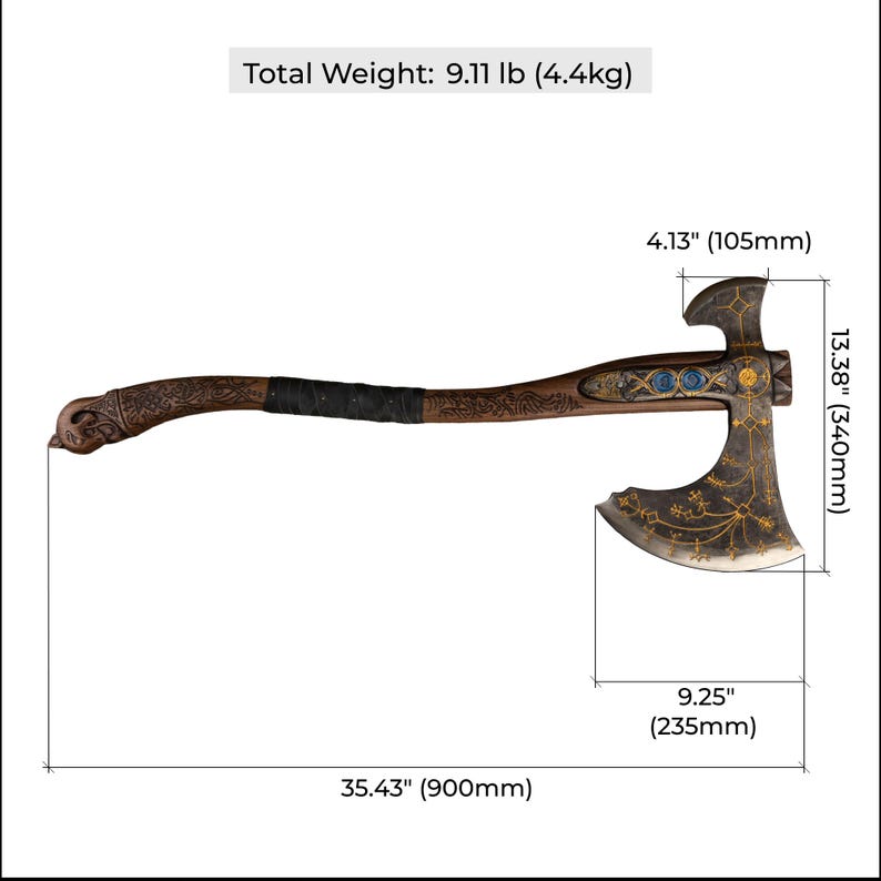 May include: A double-bitted axe with a dark wood handle, black grip, and ornate gold and blue metal detailing. It measures 35.43 inches long, 13.38 inches high, and 9.25 inches wide at the blade, with a total weight of 9.11 pounds.