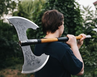 Viking Double Headed Axe Custom Engarved, Norse Cosplay Prop 36.22"