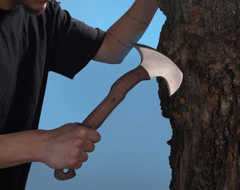 Tomahawk doorlopende bijl voor kamperen, bushcraftbijl, handgemaakt met schede en aangepaste gravure