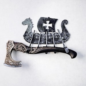 Vikinga Yxa Väggfäste: Longship Drakkar, Stålhängare för Yxor & Yxor