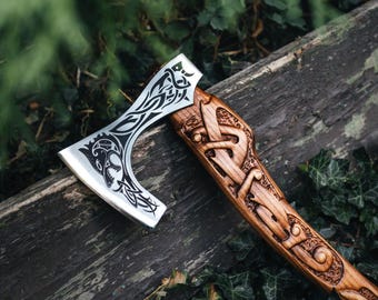Custom Engraved Viking Axe: Fenrir Wolf Hand-Carved Handle, Forged Steel, Fully Functional