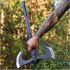 Hacha vikinga de doble hoja forjada a mano, hacha larga de dos cabezas con funda grabada a medida