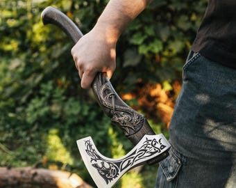 Viking Axe Fenrir: Hand Carved Wolf Handle, Bearded Hatchet with Sheath