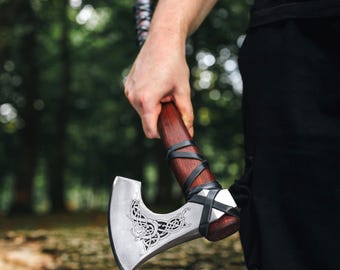 Engraved Viking Axe: Functional Camping Hatchet with Sheath
