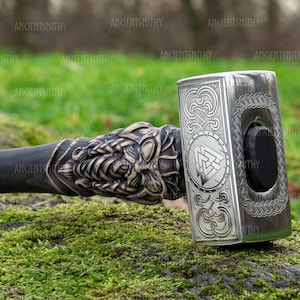 Viking battle hammer with carved handle, Medieval war hammer, Personalized hammer husband, Unique norse hammer, Valknut hammer