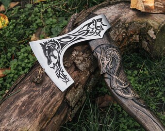 Personalized Viking Axe Fenrir, Nordic Wolf Hatchet Custom Engraved