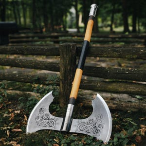 May include: A double-bitted battle axe featuring a long wooden handle with a black grip and a silver metal pommel. The two large, symmetrical silver axe heads are decorated with intricate, dark, engraved Celtic knotwork patterns.