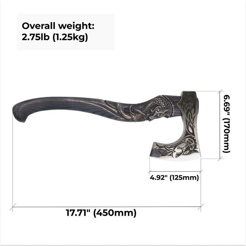 May include: A black and silver axe with a carved wooden handle. The axe has a dragon design on the handle and blade. The axe is 17.71 inches long and weighs 2.75 pounds.