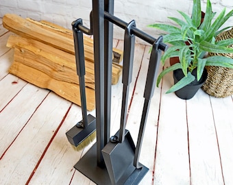 Fireplace Tools Hand Forged: Fire Poker, Broom, Shovel and Stand