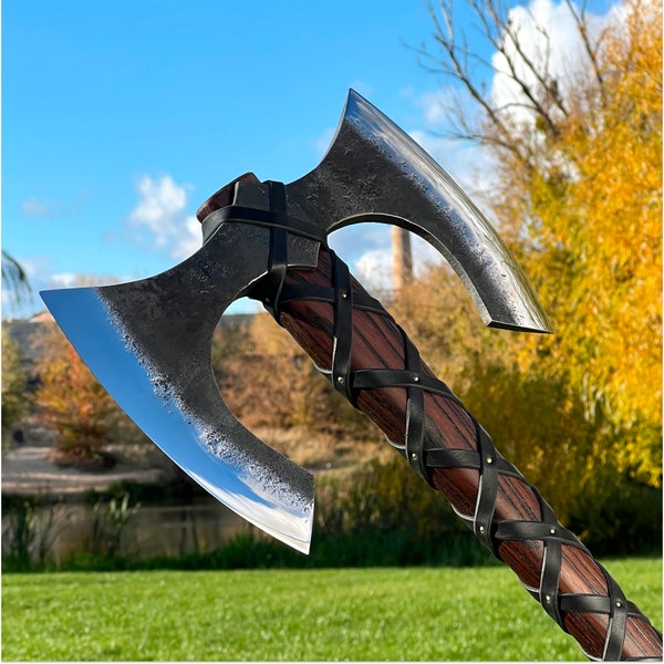 Battle Axe two handed Forged double head axe Viking long axe Double blade axe with personalized axe handle