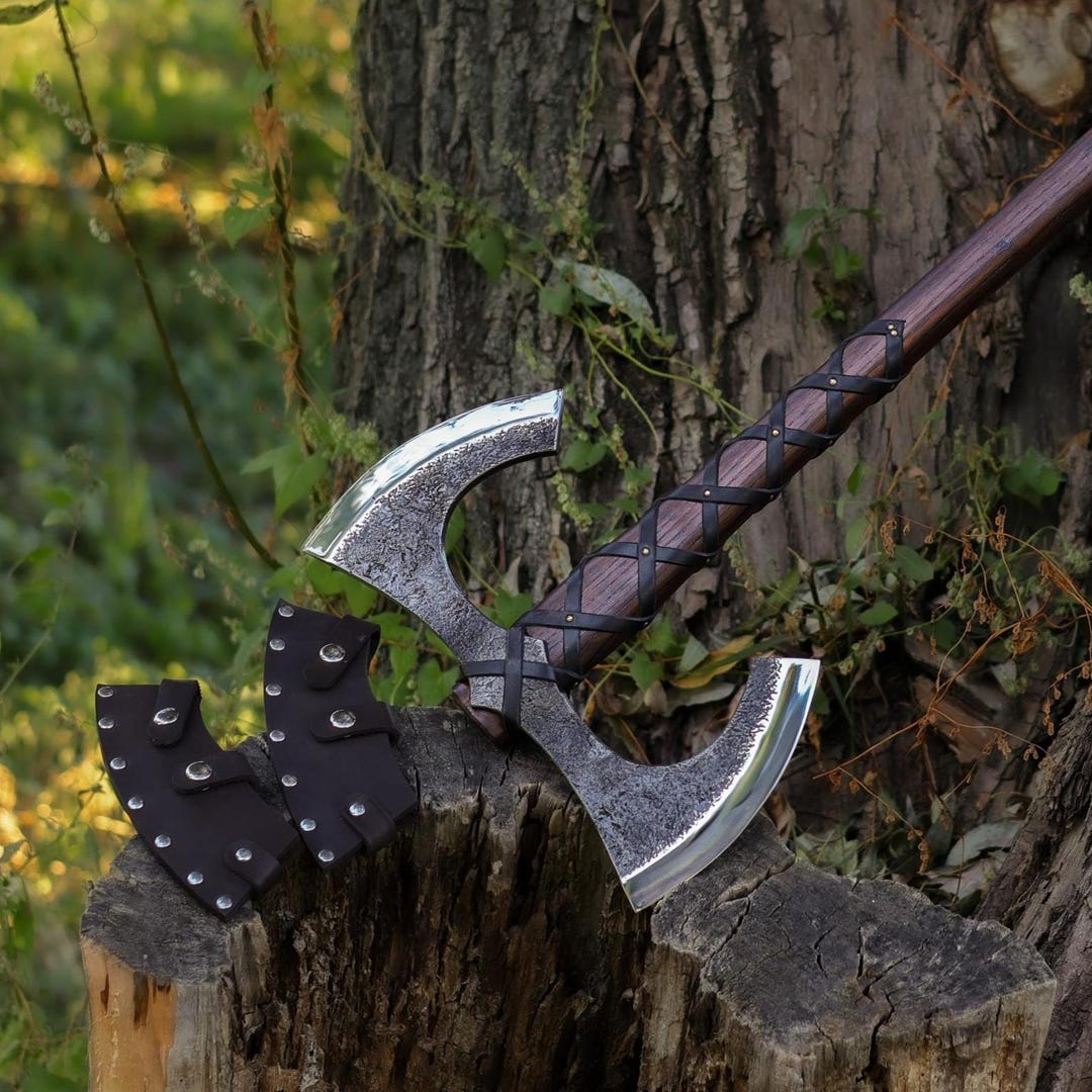Double Headed Viking Axe With Sheath & Custom Engraving, Hand