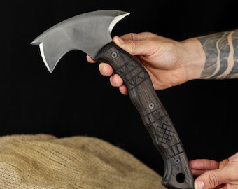 Forged Tomahawk Full Tang, Handmade Bushcraft Axe with Sheath, Functional Indian Engarved Tomahawk