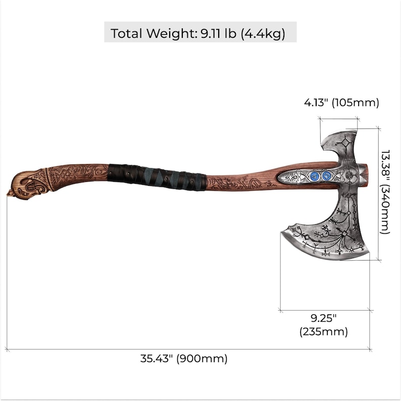May include: A detailed axe with a wooden handle, measuring 35.43 inches (900mm) long. The axe head is silver with intricate designs and blue accents. The handle is wrapped in black leather. Total weight is 9.11 lb (4.4kg).