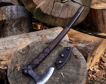 Hand Forged Viking Axe with Long Handle, Custom Engraved Chopping Axe & Sheath
