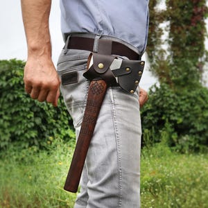 Forged Camping Hatchet, Engraved Viking Axe Handmade, Bushcraft Axe with Sheath & Axe Holder
