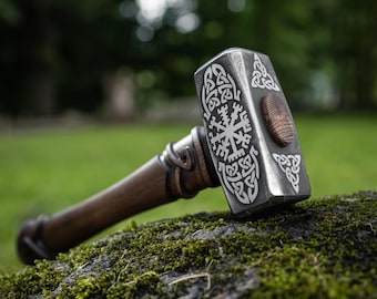 Personalized Viking Hammer Vegvisir - Thor Style Norse Hammer Custom Engraved