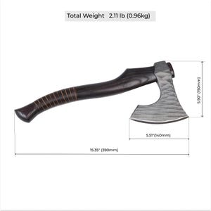 May include: A dark wood handled axe with a textured metal head. The axe measures 15.35 inches in total length, with a 5.51 inch blade width and 5.90 inch head height. The total weight is 2.11 lbs. The handle features a series of thin grooves.