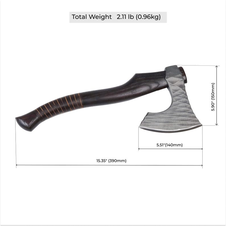May include: A dark wood handled axe with a textured metal head. The axe measures 15.35 inches in total length, with a 5.51 inch blade width and 5.90 inch head height. The total weight is 2.11 lbs. The handle features a series of thin grooves.