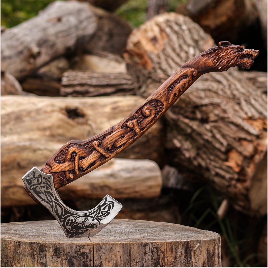 Viking Axe Wolf Fenrir, Hand Forged Hatchet With Sheath, Nordic
