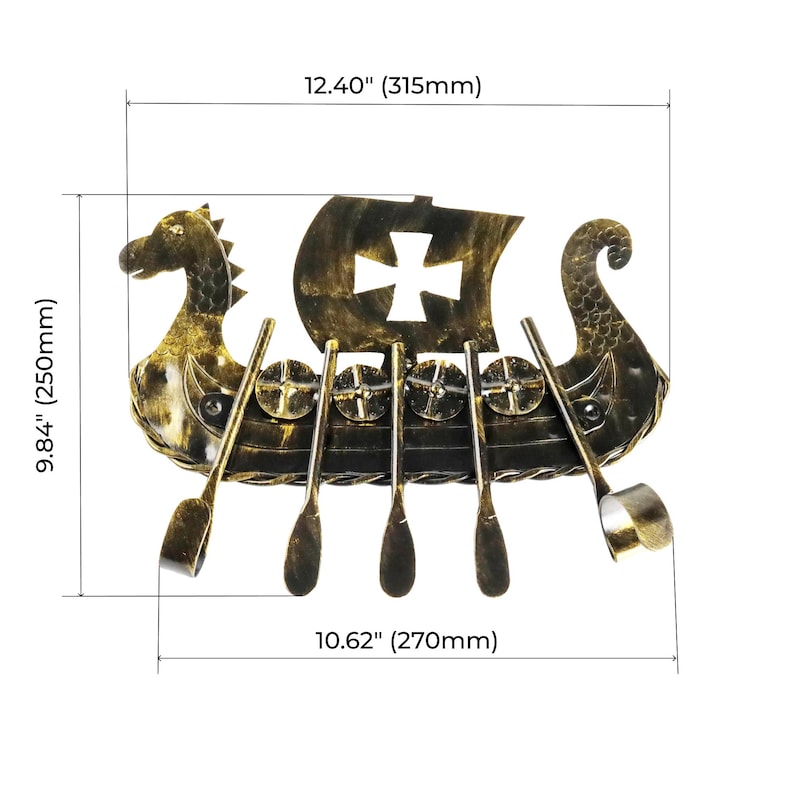 May include: A gold and black metal wall art piece shaped like a Viking ship with a sail featuring a cross cutout. The ship includes four oars and measures 12.40 inches wide by 9.84 inches high, with a base width of 10.62 inches as indicated.