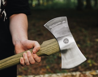 Double Head Viking Axe: Engraved Functional Hatchet with Sheath