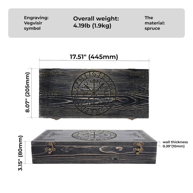 May include: A rectangular spruce wood box with a dark stained finish and a Vegvisir symbol engraving. It measures 17.51 inches long, 8.07 inches wide, and 3.15 inches high, with a wall thickness of 0.39 inches and a total weight of 4.19 pounds.