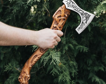 Viking Axe Fenrir, Hand-Carved Wolf Handle, Custom Engraving, Fully Functional
