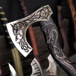 Hand Forged Fenrir Wolf Axe: Functional Viking Bearded Axe with Sheath image 10