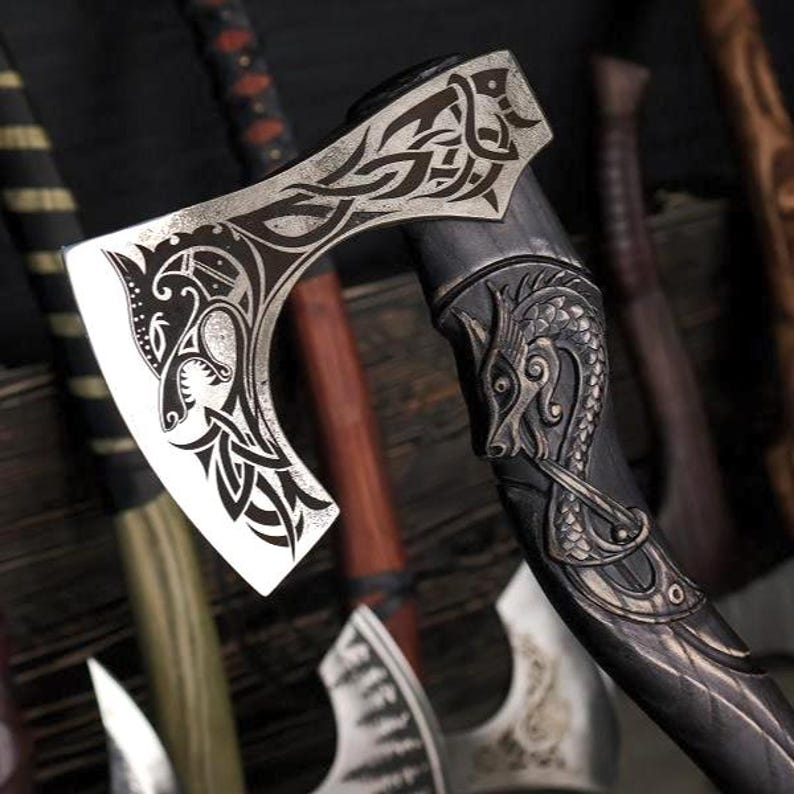 Hand Forged Fenrir Wolf Axe: Functional Viking Bearded Axe with Sheath image 10