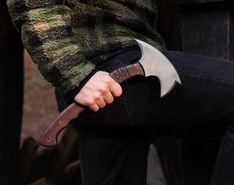 Tomahawk Bushcraft Axe Full Tang, Forged Indian Tomahawk with Tribal Engraving and Sheath
