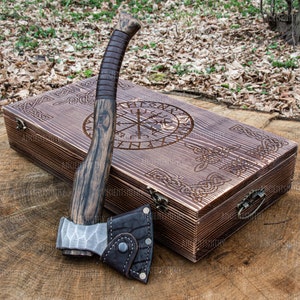 Engraved custom axe with wooden box, Hunting camping tool, best gift, Hand forged Viking axe with leather case