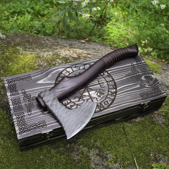 Handmade Viking Hatchet Custom Engraved, Functional Camping Axe Forged with Sheath & wooden runic box