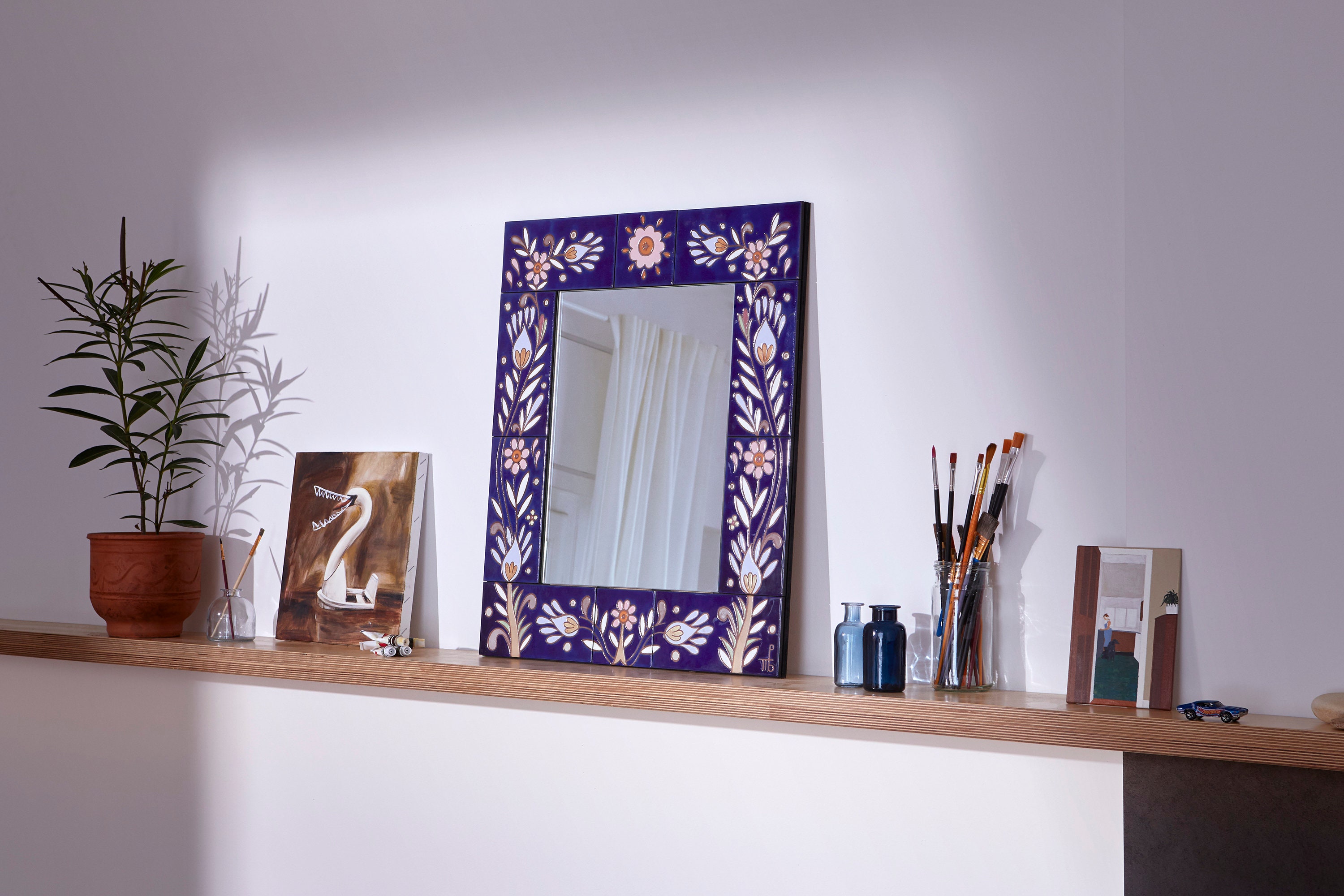 Miroir Floral Carreaux de Céramique Peints à La Main Art Mural Bleu Cobalt Mosaïque Esthétique Miroi