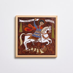 Agios Georgios Greek Byzantine Orthodox Icon Name Day Gift Saint Georges Day Ceramic Tile Wall Decor Hanging Handpainted Art Religious Icon