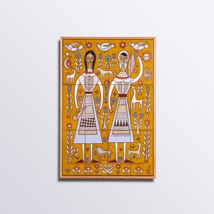 Folk Flower Girl Gift Wall Decor Handmade Ceramic Tile Murals Housewarming Mid Century Modern Vintage Style Decor Folk Art Bright Wall Art
