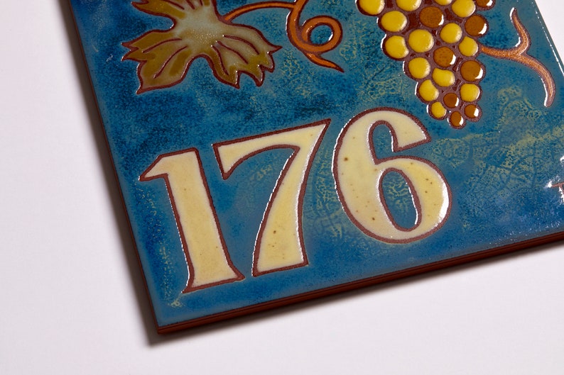 Bunch Of Grapes Ceramic Handmade House Numbers Tile Decor Home Entrance Custom Made Address Sign Square Vineyard Entryway House Number Tile image 2