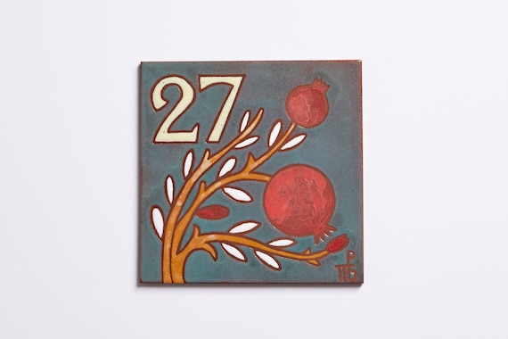 Pomegranate Ceramic House Numbers Tile Handmade Keramik Hausnummer Custom Made Address Sign Square Numbers Numero Symbol Of Fertility Luck