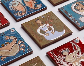 Zodiac Sign Ceramic Art Tile Bundle of two: Handmade Horoscope Gift