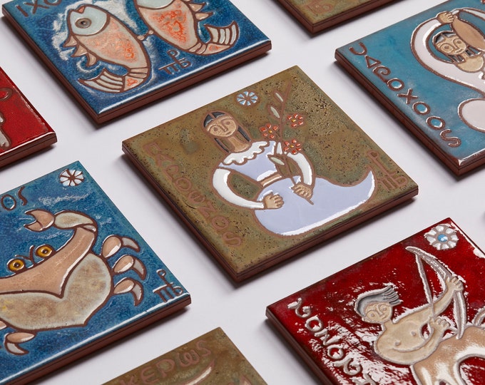 Zodiac Sign Ceramic Art Tile Bundle of two: Handmade Horoscope Gift