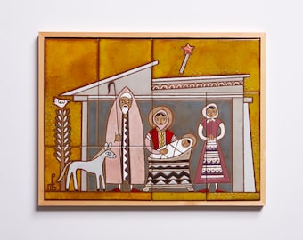 Nativity Scene Ceramic Tile Mural Greek Folk Art Colorful Christmas Holiday Decor Rustic Wall Plaque Manger Scene Ceramic Outdoor Nativity