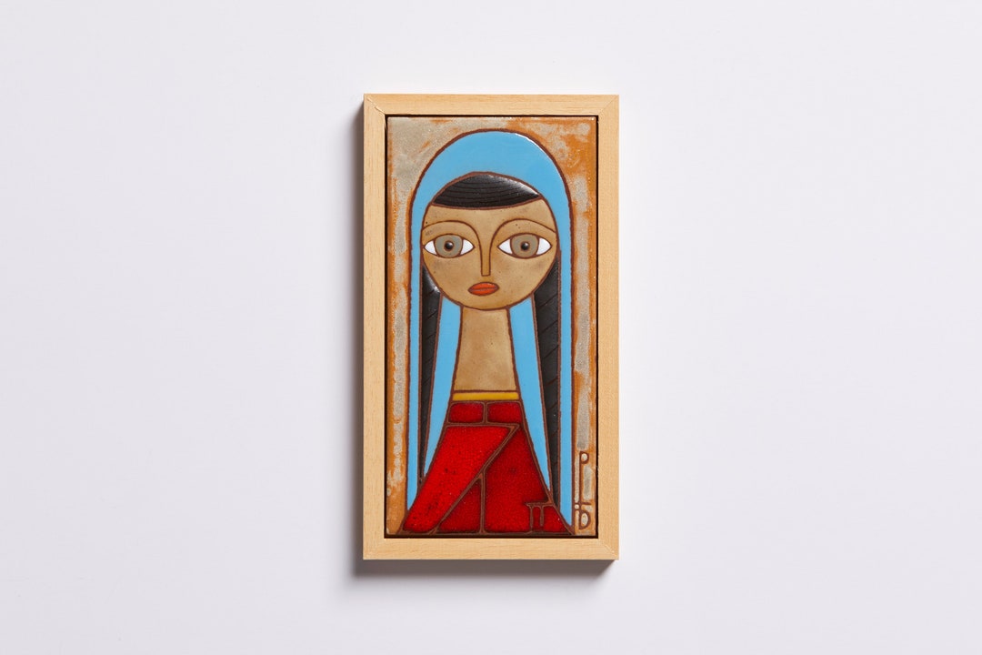 Portrait Painting Woman Wall Art Ceramic Tile Handmade Folk Girl Wall ...