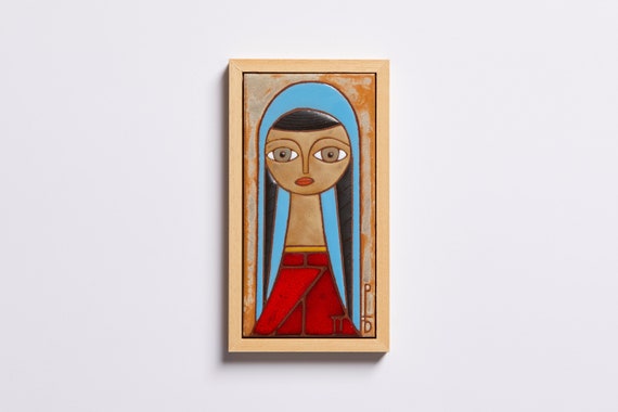 Portrait Painting Woman Wall Art Ceramic Tile Handmade Folk Girl Wall Hanging Housewarming Gifts Family Reunion Original Artwork Farmhouse