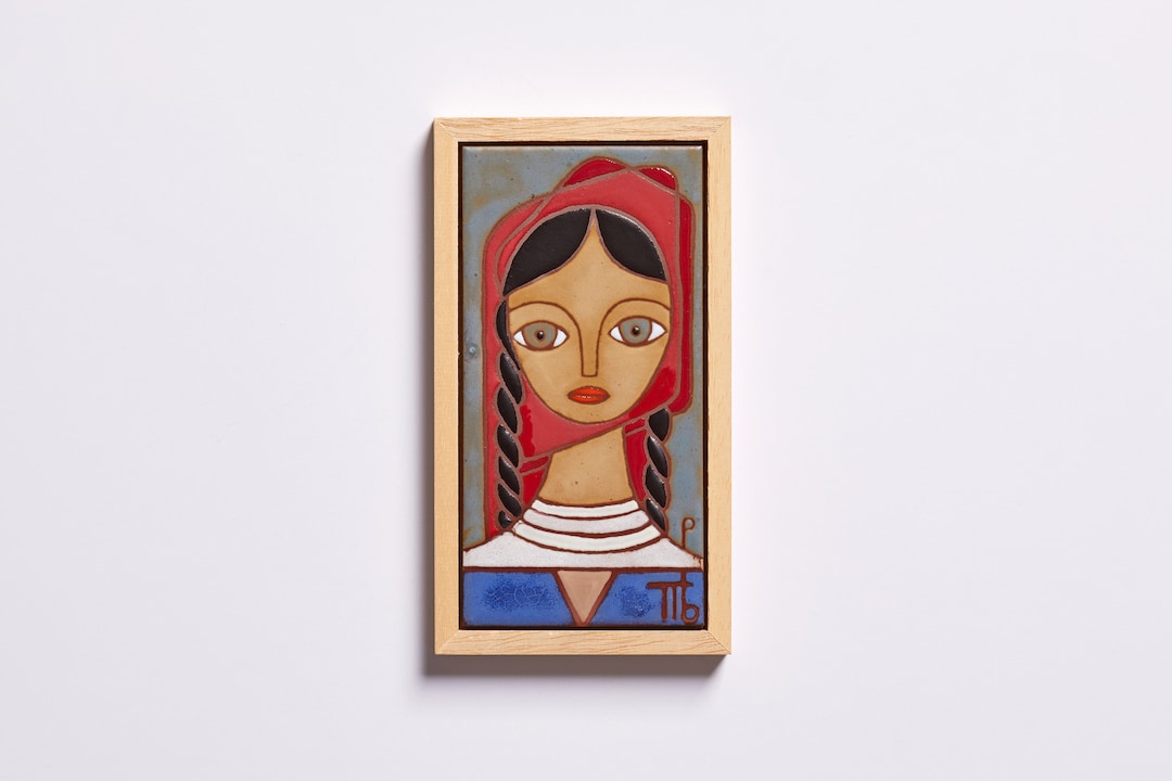 Female Portrait Folk Art Painting Ceramic Tile Big Eyes Art Woman Decor ...