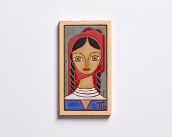 Vrouwelijk portret volkskunst schilderij keramische tegel grote ogen kunst vrouw decor moderne volkskunst meisje met pigtails single moeder cadeau originele kunstwerken