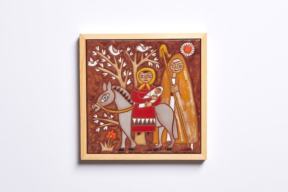 Flight to Egypt Ceramic Tile, Hand-Painted Religious Folk Art