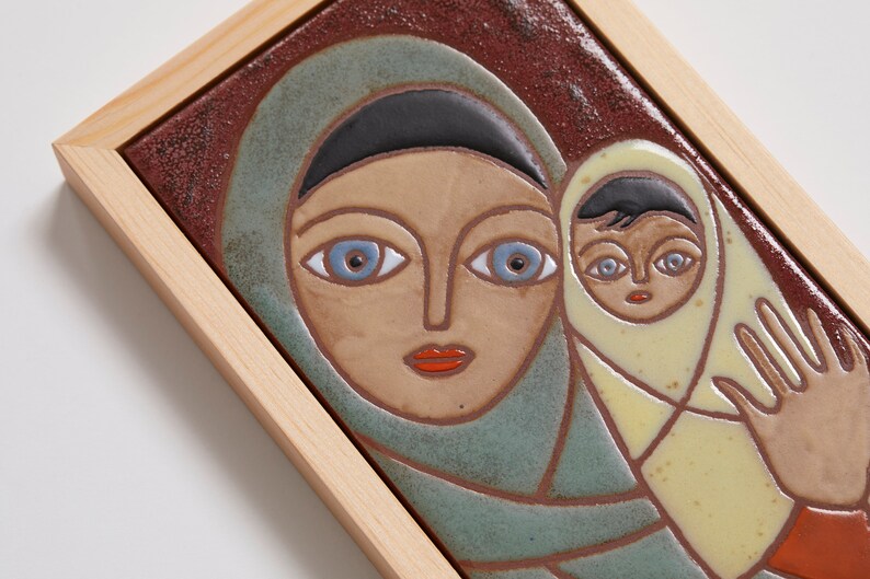 Mother And Child Art Woman Handmade Ceramics Artwork Family Portrait Art Tile Modern Mother And Child Portrait Vintage Figures image 3