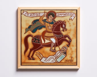 Agios Dimitrios Greek Byzantine Orthodox Icon Saint Ceramic Tile Wall Decor Name Day Present Hanging Handpainted Ceramic Art Religious Icon