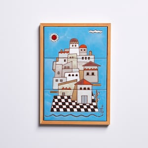 Coastal Decor Handpainted On Ceramic Tile, Colorful Village Architecture, Geometric Summer Wall Art, Dinning Room Table Decoration